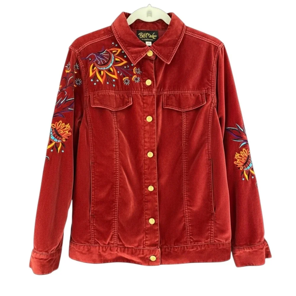 Bob Mackie Wearable Art Red Embroidered Floral Trucker Jacket Womens S Oversized